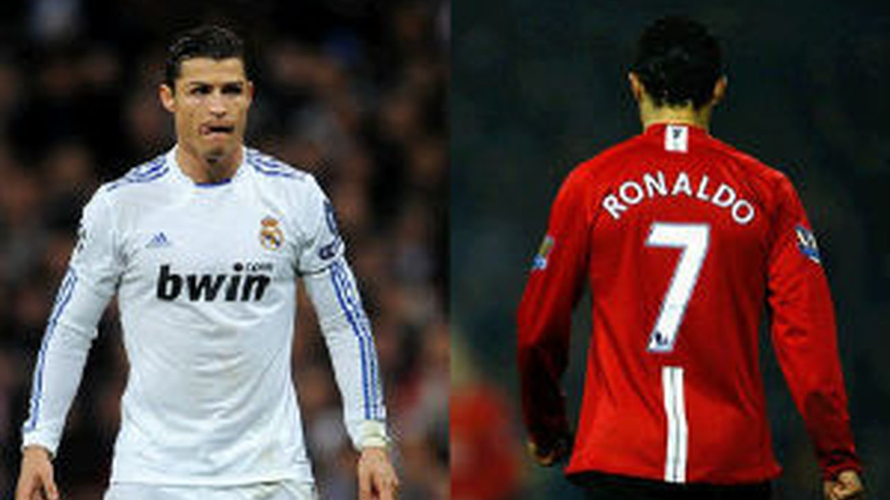 Ronaldo con las camisetas del Real Madrid y del Manchester