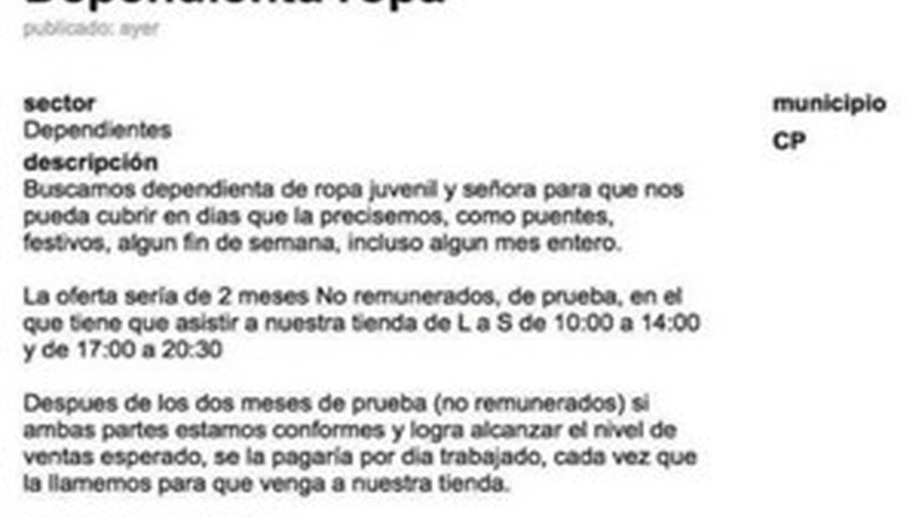 Una tienda busca dependienta sin remunerar