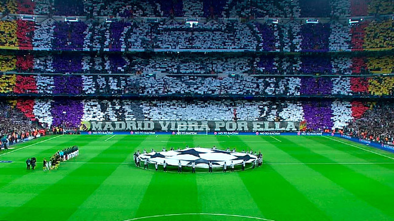 Fondo sur del estadio Santiago Bernabéu, durante un partido de la Liga de Campeones