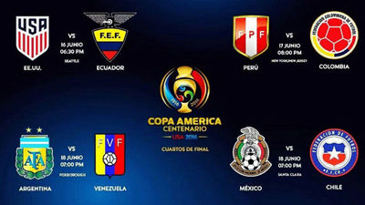 Cuartos Copa América: Argentina-Venezuela, Chile-México, EEUU-Ecuador y Perú-Colombia