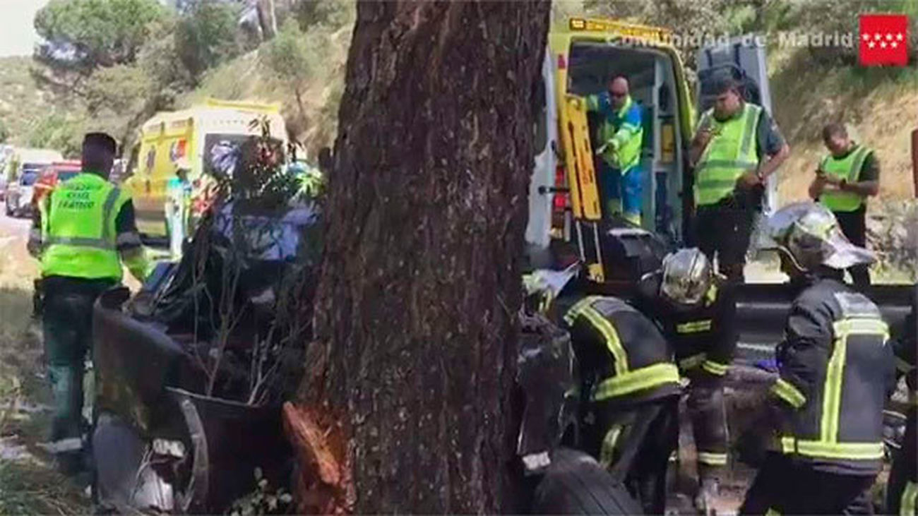 Los bomberos junto al vehículo siniestrado