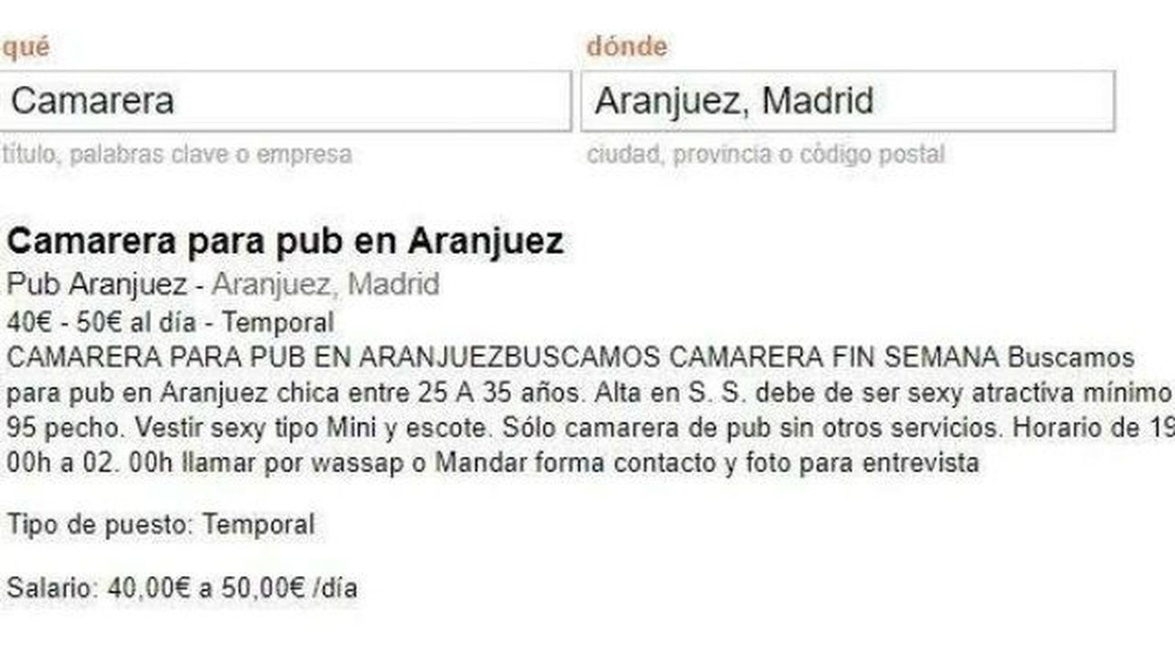 Retiran de un portal de empleo el anuncio de un pub de Aranjuez que buscaba "camarera sexy y mínimo talla 95 de pecho"