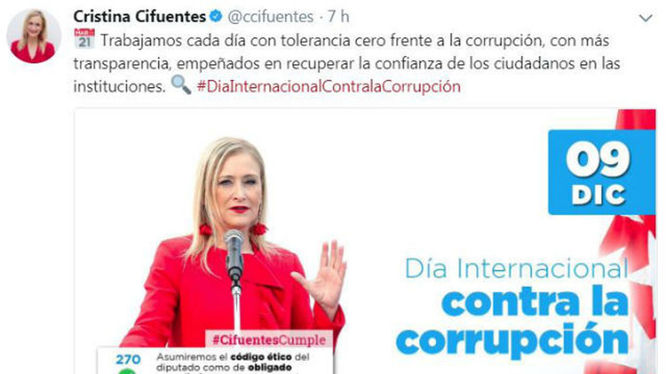 Cifuentes recalca su compromiso de "tolerancia cero" frente a la corrupción