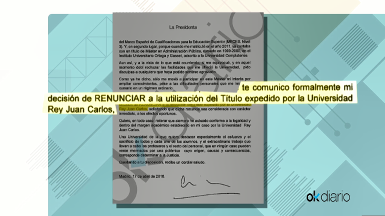 Cristina Cifuentes renuncia al máster y pide disculpas