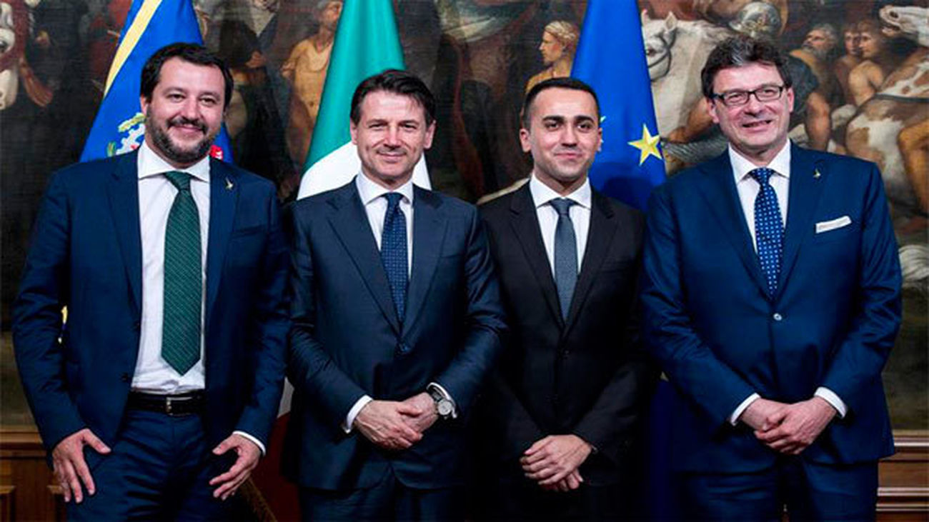 Matteo Salvini, Giuseppe Conte, Luigi Di Maio, y Giancarlo Giorgetti