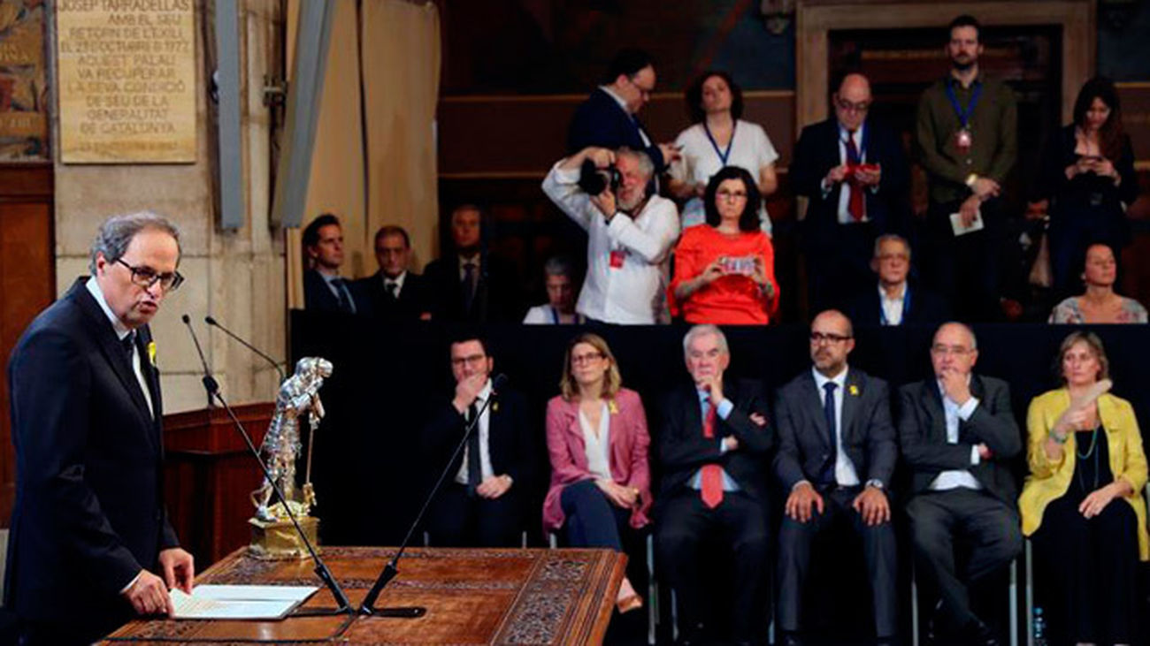 El presidente de la Generalitat, Quim Torra, durante su discurso en el acto de toma de posesion del nuevo Govern