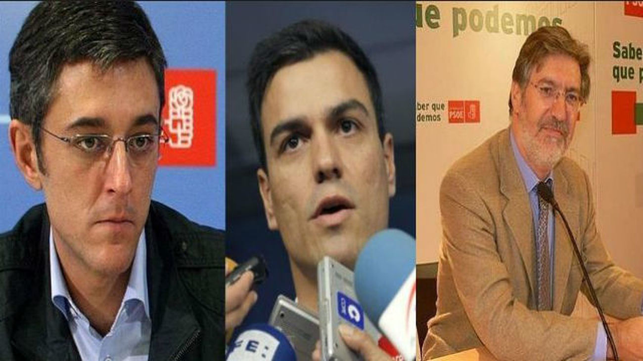 Los candidatos a liderar el PSOE, Eduardo Madina, Pedro Sánchez y José Antonio Pérez Tapias, preparan con sus equipos el debate