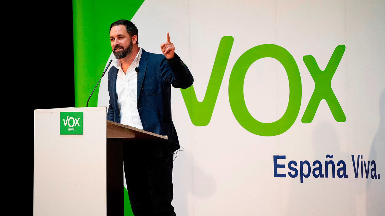 El presidente de Vox, Santiago Abascal, durante su intervención en un acto público en Teruel