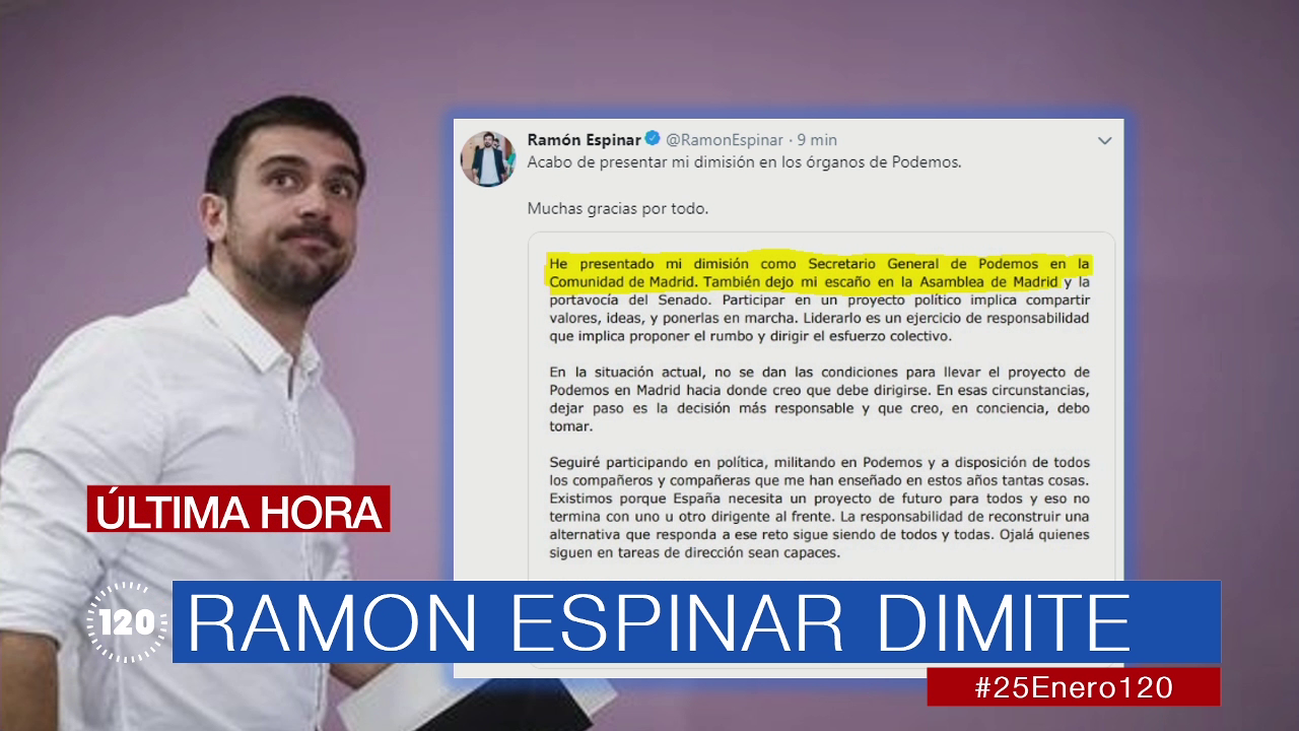 Ramón Espinar dimite como líder de Podemos en Madrid y deja su escaño como diputado regional y senador