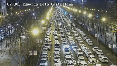 El bloqueo de la Castellana por los taxistas provoca el caos en el tráfico circundante
