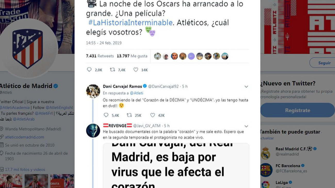 El Atleti ironiza en Twitter y Carvajal responde