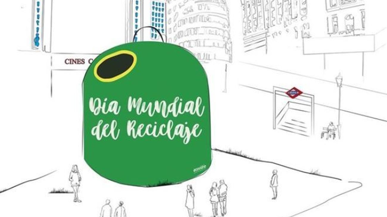 Dibujo difundido por Ecovidrio con su contenedor gigante en la plaza de Callao