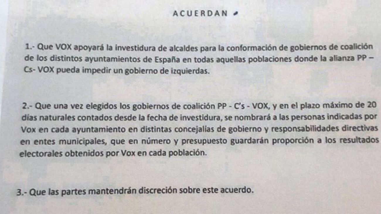Vox muestra su pacto con PP y Cs y lo da por "roto"