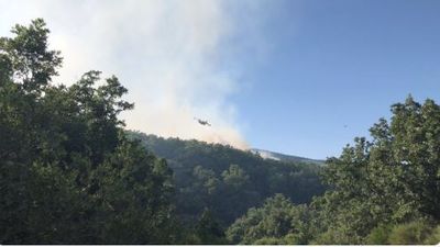 Medios aéreos y terrestres combaten un incendio en Robregordo