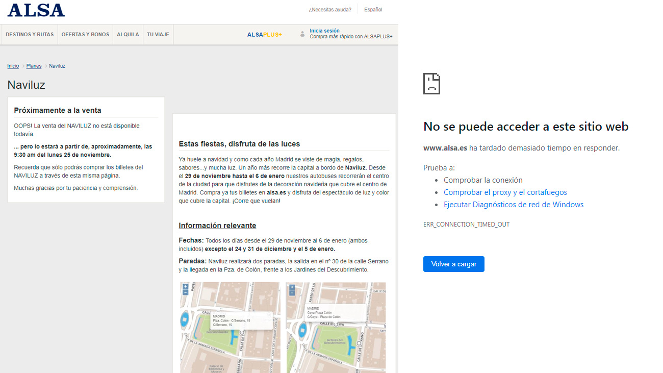 La página para comprar entradas para Naviluz, colapsada