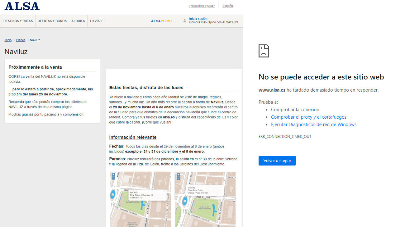 La página para comprar entradas para Naviluz, colapsada