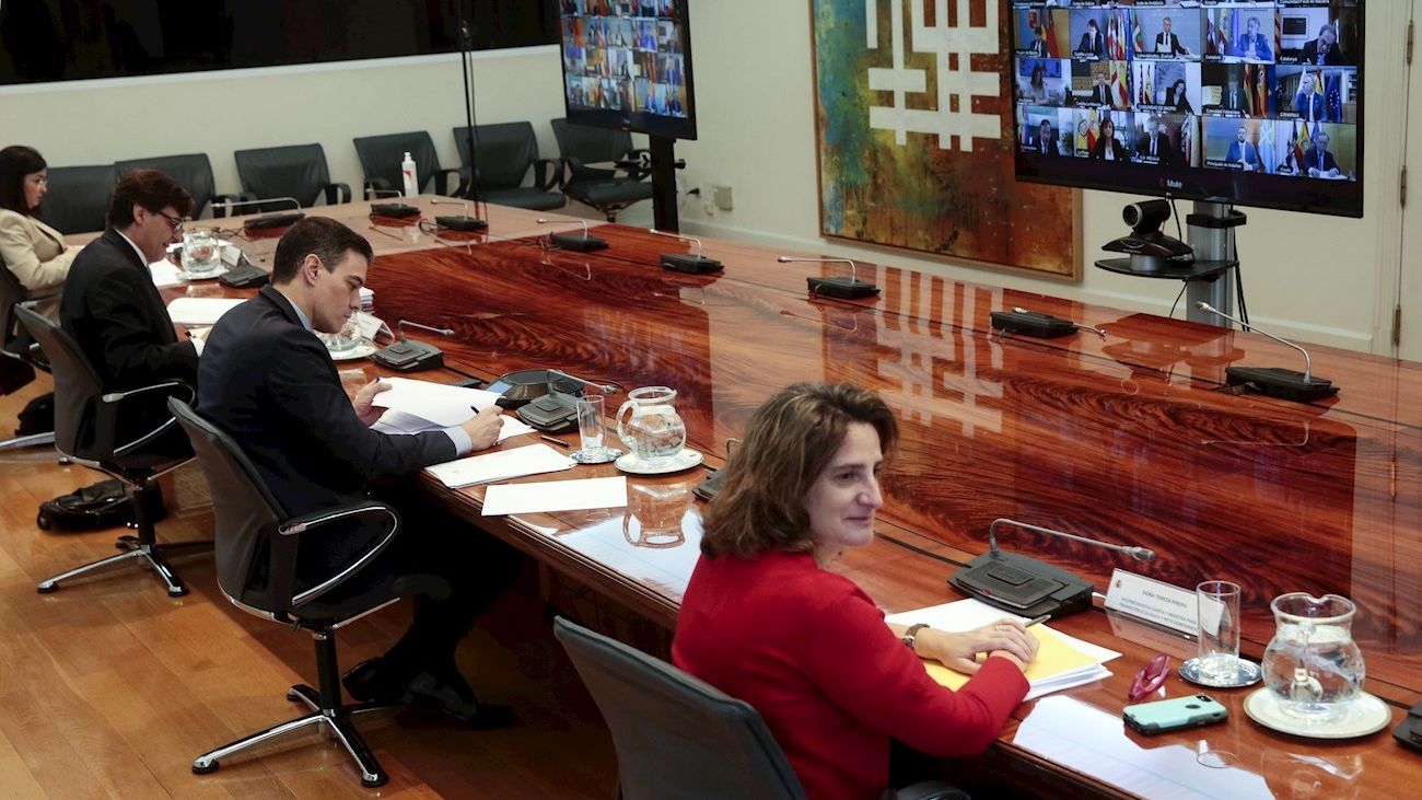 Pedro Sánchez, durante la videoconferencia con presidentes autonómicos
