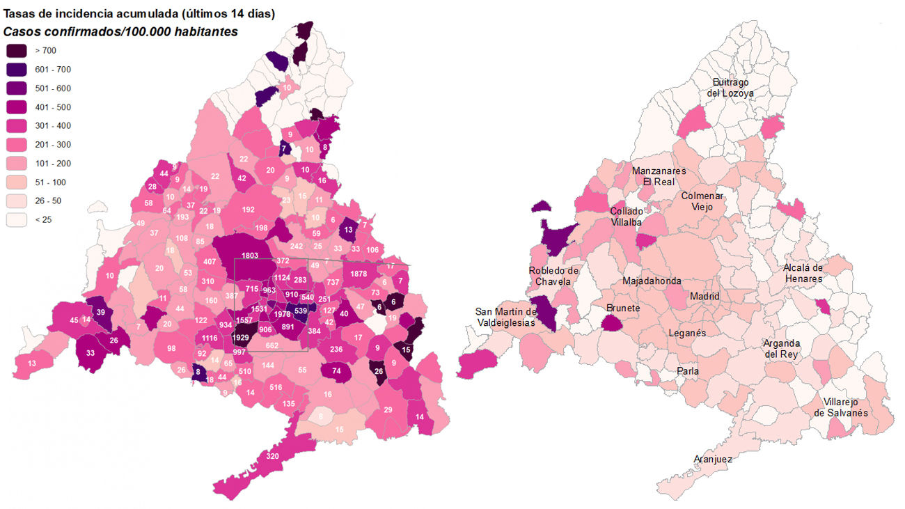 El descenso de contagios de coronavirus 'despeja' el mapa de Covid-19 en Madrid