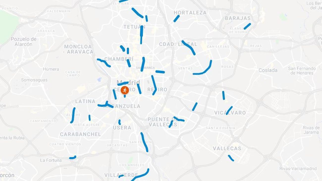 Mapa de las calles 'peatonalizadas' en Madrid