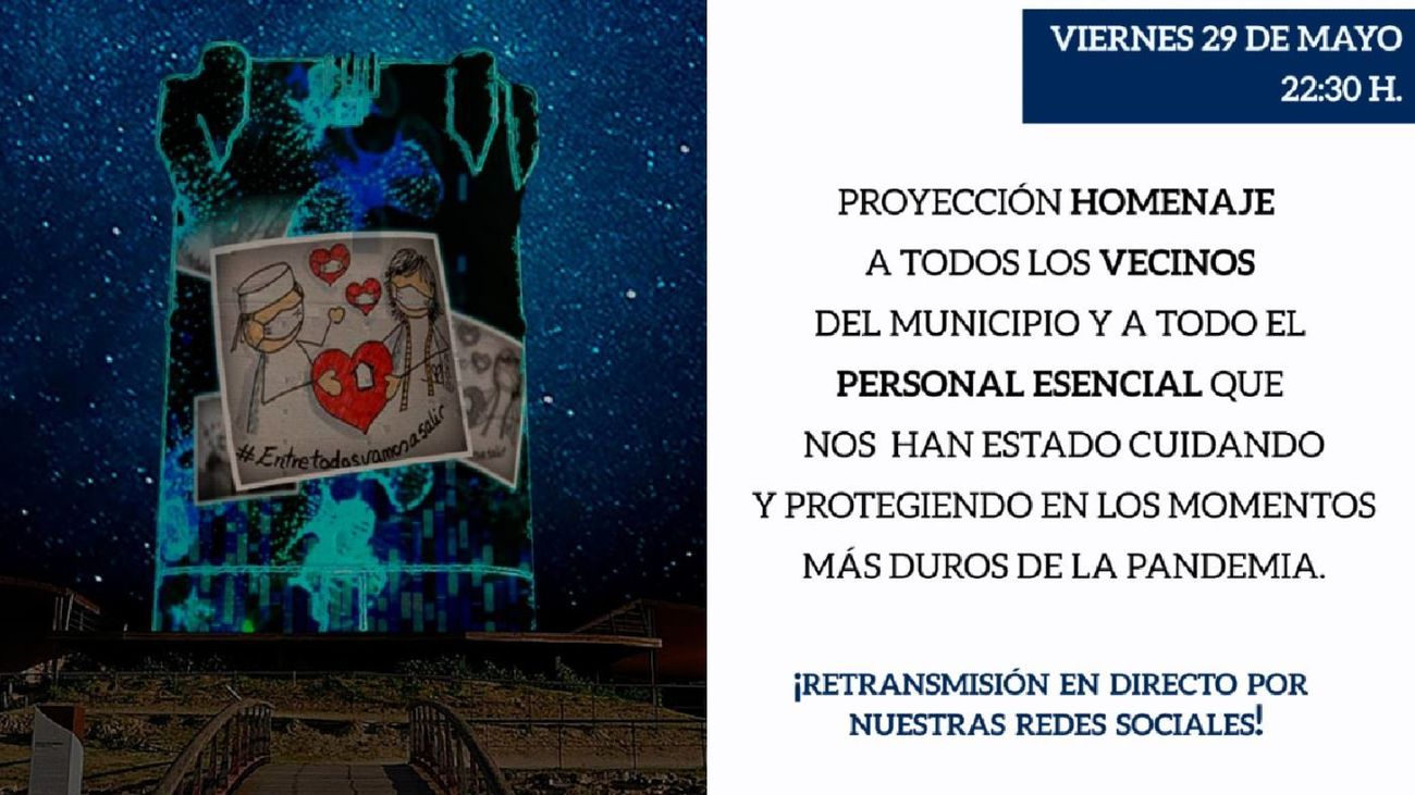 Arroyomolinos rinde homenaje a los servicios esenciales con la proyección de un 'vídeo mapping'