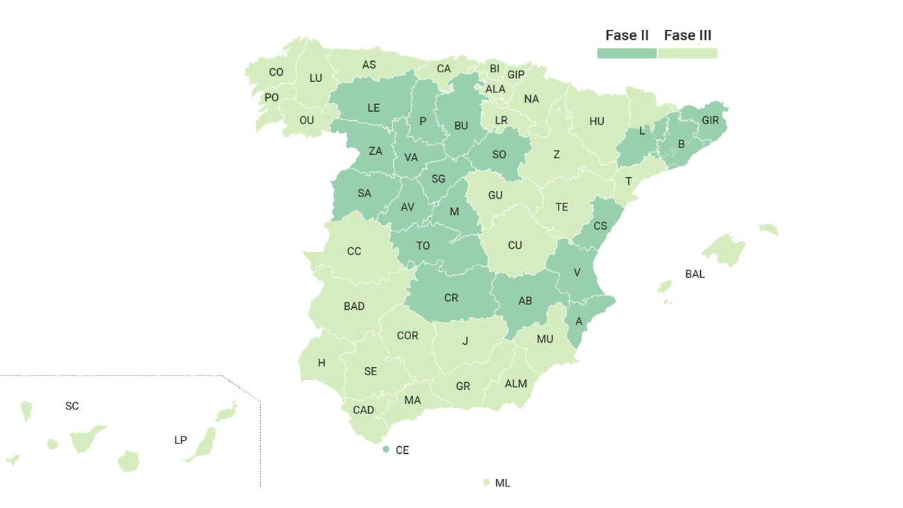 Más de la mitad de España estará el lunes 8 de junio en la fase 3 de la desescalada
