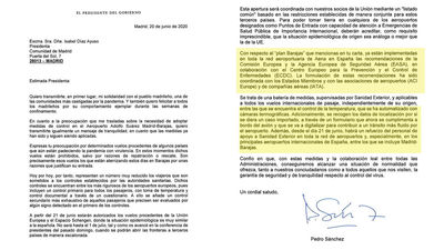 Sánchez asegura en una carta a Ayuso que el plan Barajas ya está en marcha