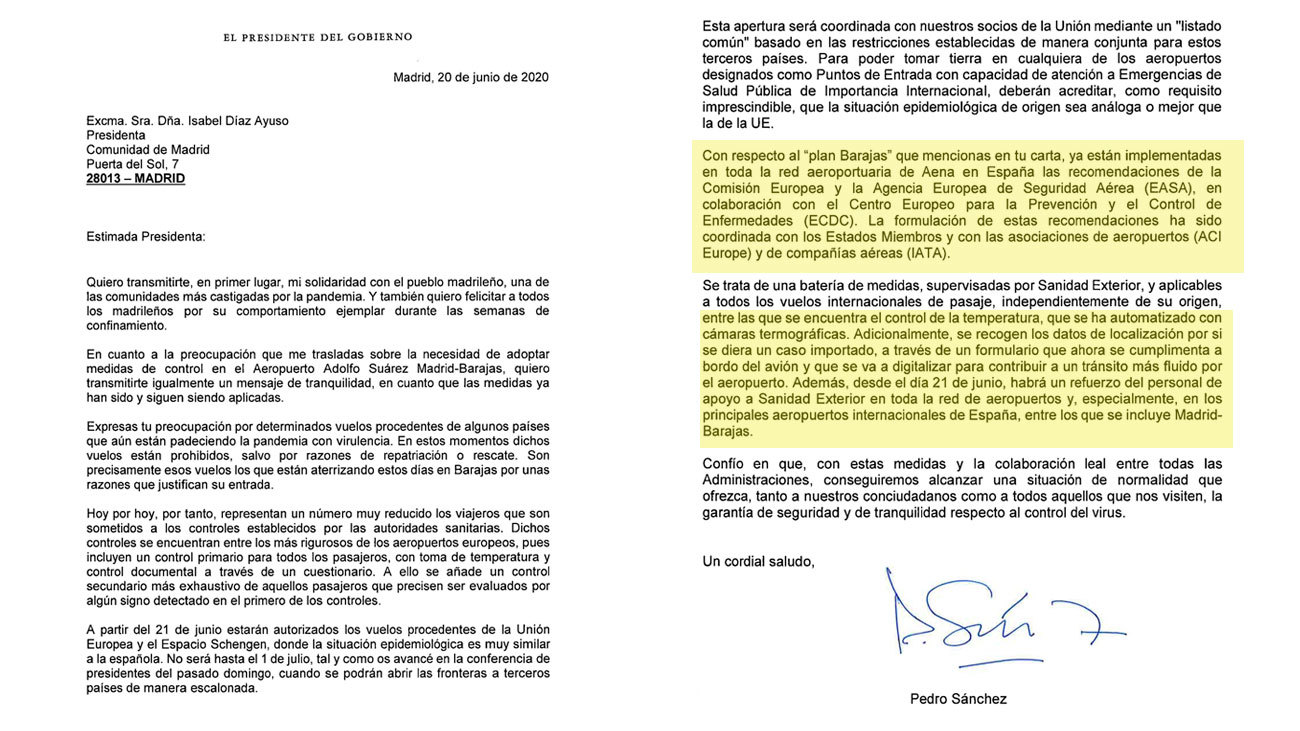 Carta de Pedro Sánchez a Díaz Ayuso sobre el Plan Barajas