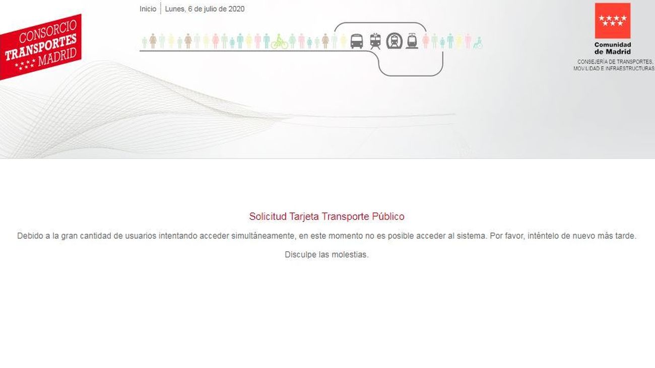 Web del Consorcio Regional de Transportes de Madrid (CRTM), colapsada para pedir la compensación del abono