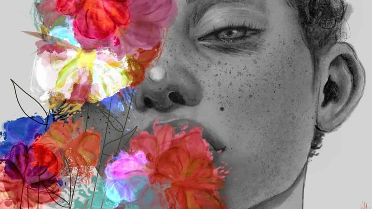 Chica con flores, ilustración realista de  @mariguerri_art