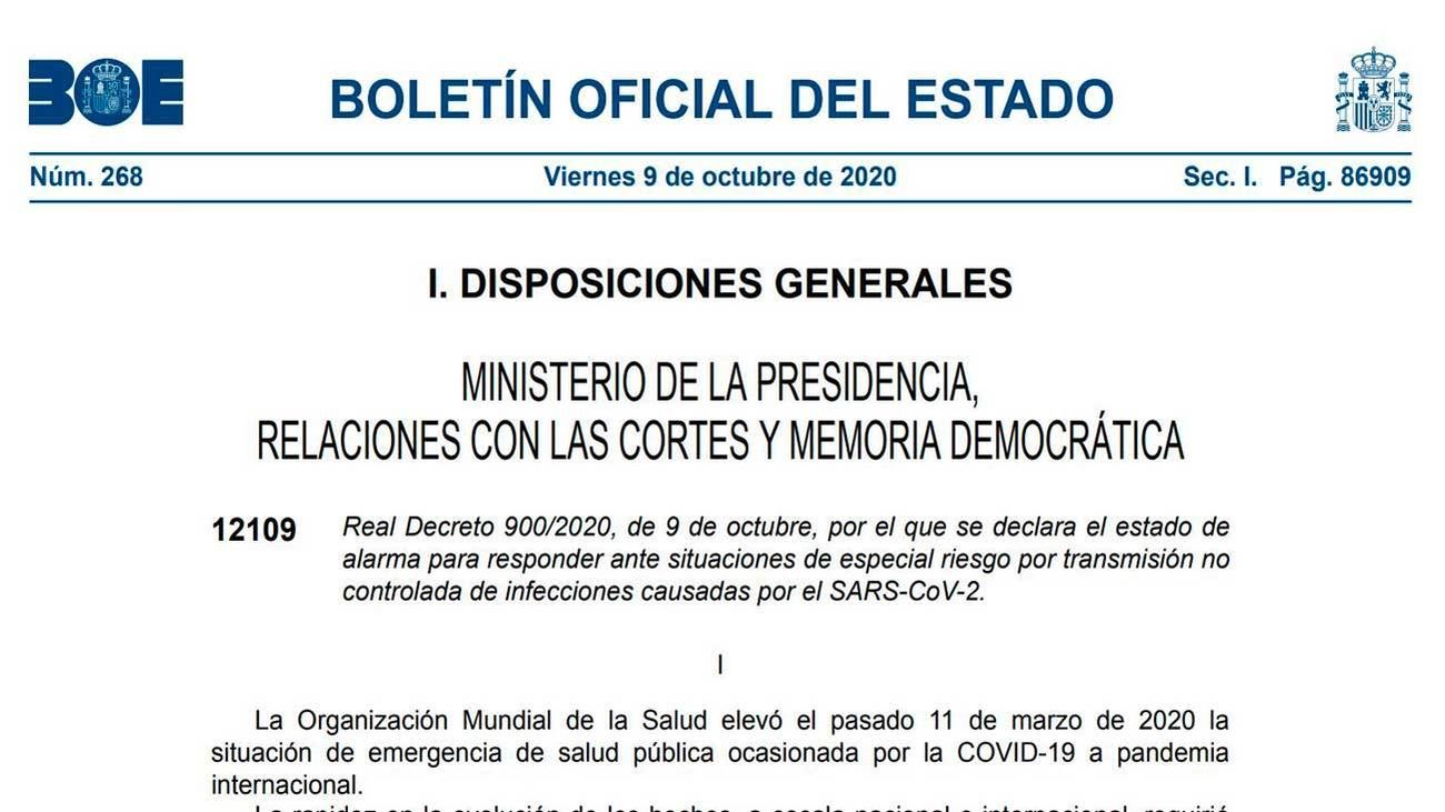 El BOE publica el estado de alarma en Madrid que entra ya en vigor