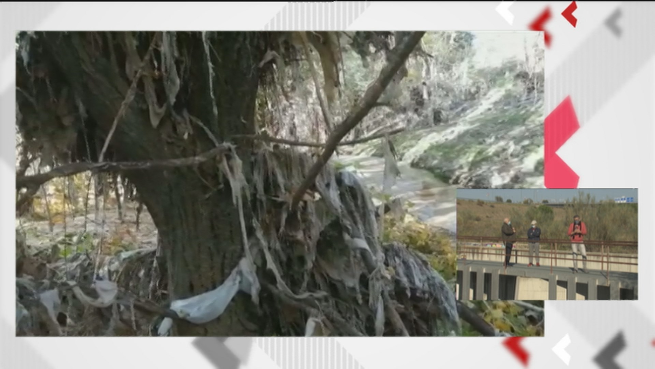 Lamentable estado del arroyo de Valdebebas plagado de toallitas de los desagües pese a las cámaras de vigilancia