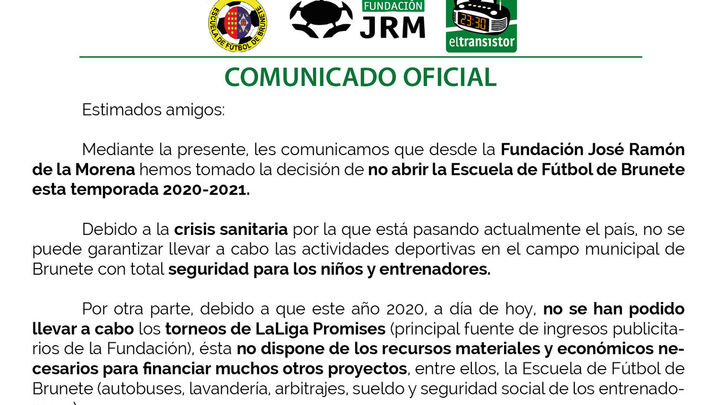 Comunicado de la Fundación José Ramón de la Morena / @EF_Brunete