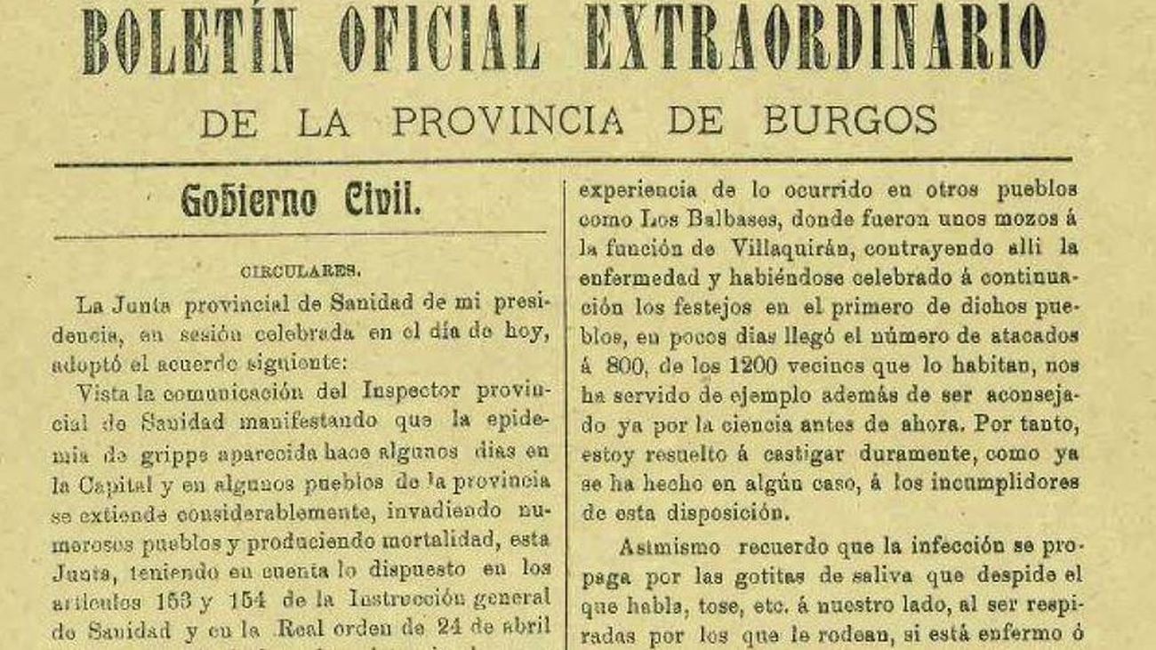 Boletín del Gobierno Civil de Burgos de 1918 con motivo de la 'gripe'