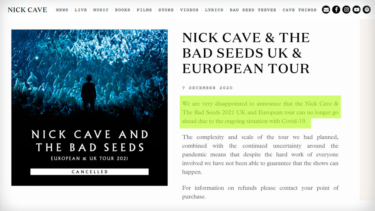 Nick Cave anuncia en su web que cancela su gira europea para 2021, incluidas sus citas españolas en Madrid y Barcelona