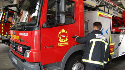 Bomberos de Madrid rescatan a África, una perrita atrapada entre unos palets de baldosas