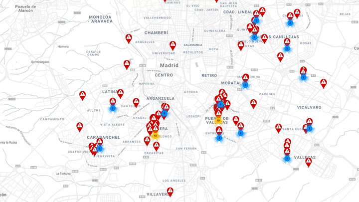 Mapa de las incidencias pendientes de resolver en Madrid tras la nevada Filomena / FRAVM