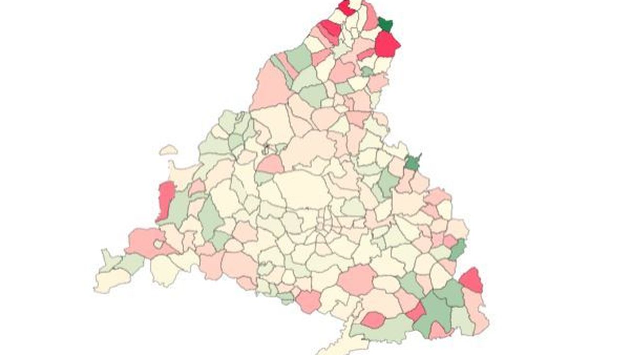 El mapa de Madrid, con las localidades donde suben y bajan los contagios