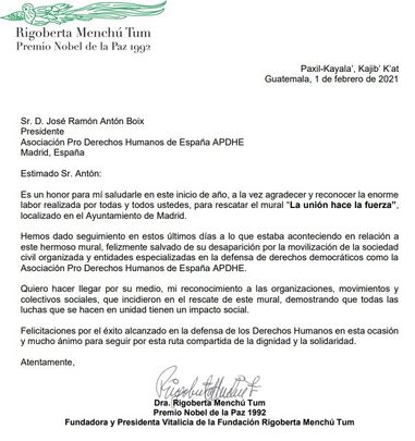 Carta de Rigoberta Menchú / APDHE