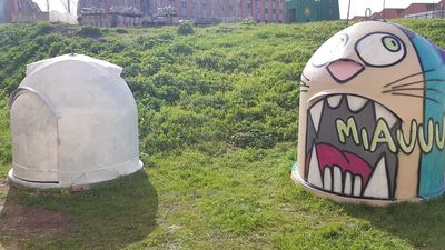 Contenedores viejos de vidrio y papel en Parla... convertidos en refugios y comedores para gatos callejeros