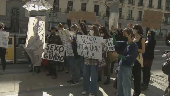 Varios colectivos feministas protestan frente al Ministerio de Igualdad por la Ley Trans y LGTBI