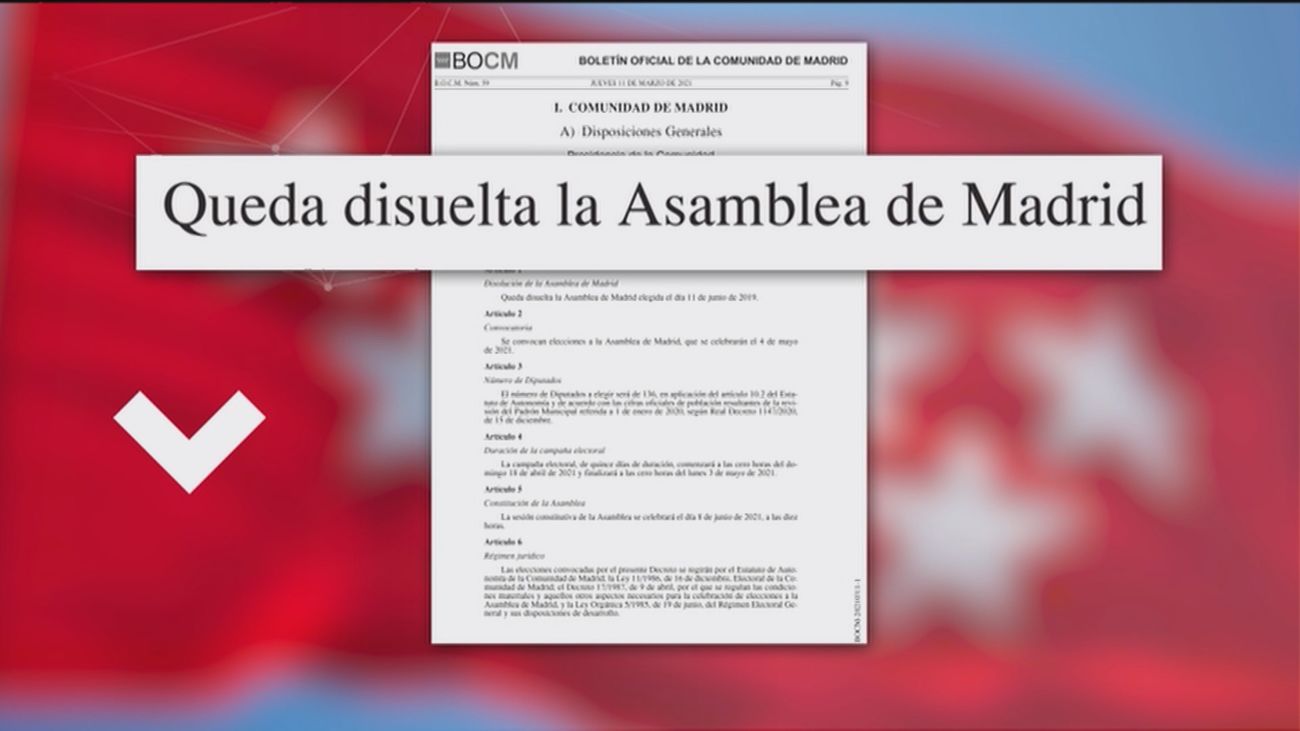 El Boletín Oficial de la CAM publica la disolución de la Asamblea y la convocatoria de elecciones