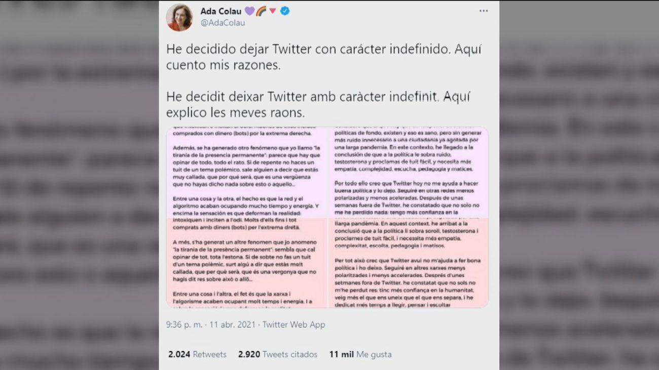 Colau deja Twitter con "carácter indefinido", harta  del ambiente hostil que se respira