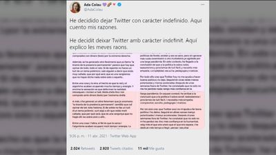 Colau deja Twitter con "carácter indefinido", harta  del ambiente hostil que se respira