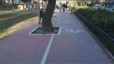 Árboles, farolas y bancos,  en medio de un peligroso carril bici en Coslada