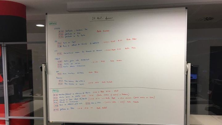 Pizarra con la agenda electoral del día en la redacción de RTVM / TELEMADRID