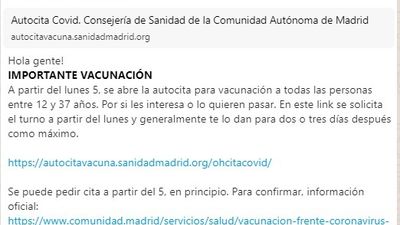 Madrid avisa de un mensaje falso de autocita para vacunarse que circula por WhatsApp