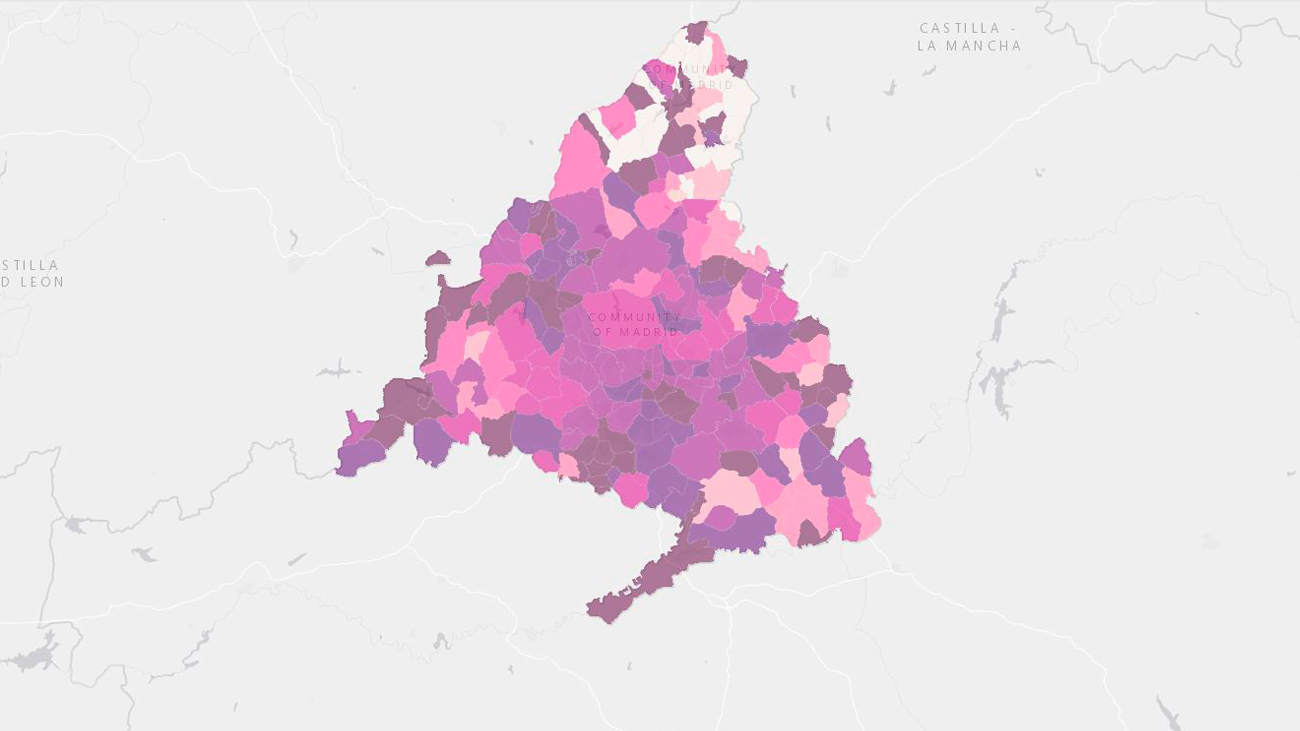 mapa por colores con la incidencia de coronavirus en la Comunidad de Madrid