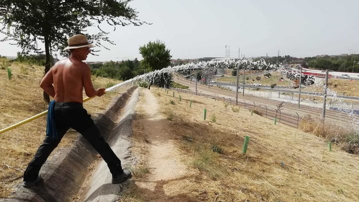 Uno de los vecinos, manguera en mano, riega una zona reforestada recientemente / ENTORNO MEAQUES RETAMARES