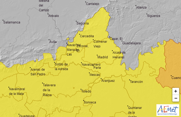 Mapa de la Comunidad de Madrid en riesgo amarillo por altas temperaturas / AEMET