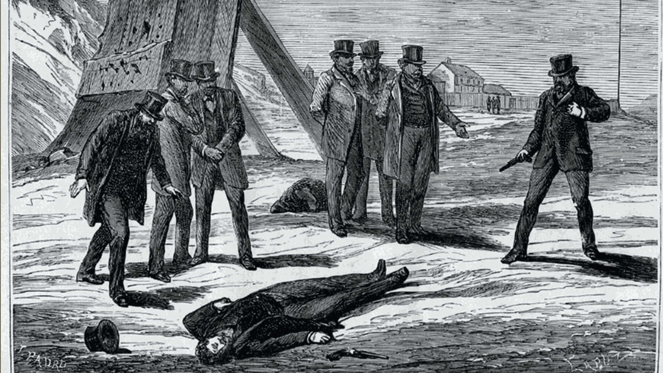 Grabado que ilustra el duelo entre el duque de Monpensier y el infante de España